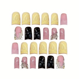 QQPPOLIU 3d short press on nails square fake nails with rhinestones and butterfly design multi-color false nails