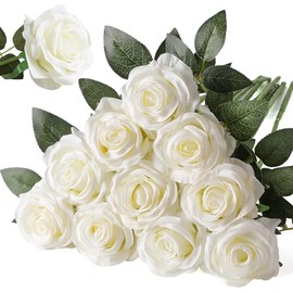 Nubry Ramo de rosas artificiales de seda realistas, rosas falsas blancas para decoración de boda, fiesta en el hogar, evento, regalo, 10 piezas (blanco roto)
