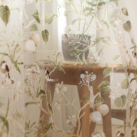 Botanic Birds Sheer Curtains 96 Inches Length Farmhouse Tulle Curtain Panels for Home Decoration Rod Pocket Light Filtering Voile Window Drapes for Patio Door Sliding Glass Door 1 Panel W55 X L96 Inch