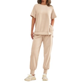 MASCOMODA 2 Piece Outfits for Women 2024 Summer Crewneck Short Sleeve Tops Long Sweatpant Casual Tracksuit Jogger Lounge Sets(Beige,Small)