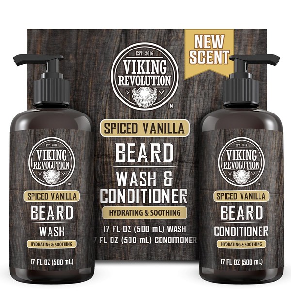 Viking Revolution Beard Wash and Beard Conditioner for Men with Argan Oil and Jojoba Oil - Beard Softener and Strengthener Beard Care Beard Shampoo and Conditioner with Beard Oil (17oz Spiced Vanilla)
