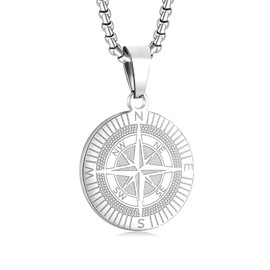 Yaumatea Men's Compass Pendant Necklace, Stainless Steel Navigator Amulet, Inspirational Guidance Jewelry, Waterproof & Sweatproof, 22+2” Chain, regular, Stainless Steel, No Gemstone