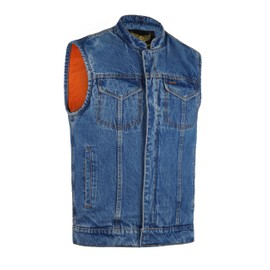 Leatherick Men's Heavy Denim Motorcyclist Vest with Concealed Carry Arms, blue