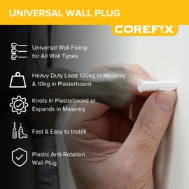 Corefix ONE Universal Wall Plugs & Screws Pack of 100, Heavy Duty (100kg in masonry) Wall Fixing Suitable or All Wall Types. Perfect For Mounting Shelves, Hanging TV's And Securing Cabinets