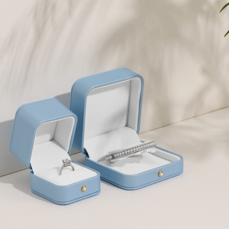 Woodten Elegant Sky Blue Ring Box Leather Engagement Ring Box