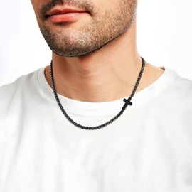 Sideways Cross Chain Necklace for Men, Stainless Steel Sideways Mens Cross Necklace Silver/Black Box Chain for Men, Cool Non Tarnish Christian Jewelry Gifts for Him for Him, 20"/22"