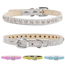HOWWFALY Pet Bling Accessories Cat and Dog Rhinestone Collar PU Leather Adjustable Collar (Medium, Silver)