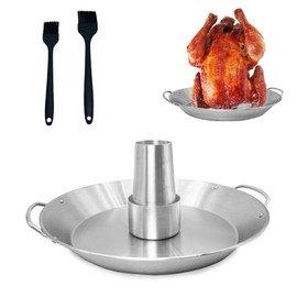 Kasthon Beer Can Chicken Stand12 Inch Stainless Steel Chicken Roaster BBQ Roaster Cooker Stand Vertical Grilling Accessories Large Size Round Pan and Handle Rack for Vegetables Basket
