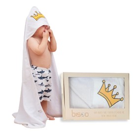 bisoo Hooded Towels for Kids and XL Baby Towel 40x40 in (100x100 cm) - Kids Hooded Towel - Toddler Bath Towel - 100% Super Absorbent and Ultra Soft Cotton Oeko-Tex Certified - White/Crown