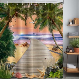 QGHOT Summer Beach Shower Curtains for Bathroom Palm Tree Nature Ocean Sunset Scene Bath Decor Sets, Waterproof Cloth Fabric with Hooks 70x72 inch