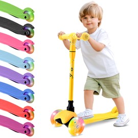 Hurtle Mini Kickboard Scooter for Kids - Height Adjustable 25''-28'', Lightweight 3-Wheel Toddler Scooter with LED Light-up Wheels, Anti-Slip,Indoor/Outdoor Fun, Micro Scooter for Ages 2-5 (Yellow)
