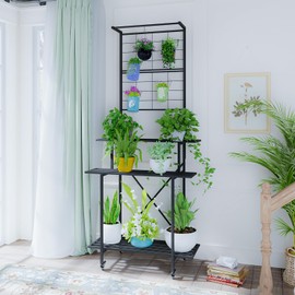 Zhongma 3 Tier Heavy Duty Plant Stand with Hanging Plant pot shelf with wheels, 35.43 L x 18.11 W x 81.1H multi layer plant Holder for Home, Garden, Plant Lovers,Metal Storage Rack Shelf/Freestanding Display Stand