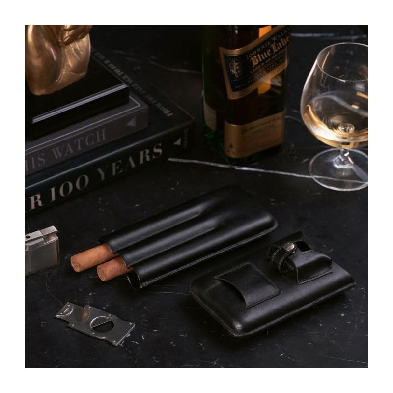 Executive C243B Black Leather 3 Piece Cigar Case Holder with