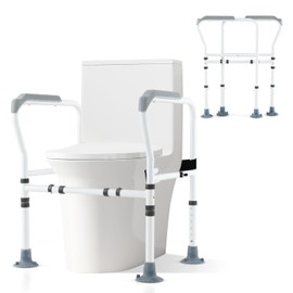 COSTWAY Foldable Toilet Safety Frame, Height & Width Adjustable Toilet Handrail Support Aids with Fixed Strap, Non-Slip Bathroom Toilet Frame Safety Rails Stand for Eldery Handicap Disabled (Grey)