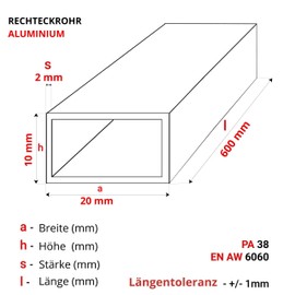 GAL-INDUSTRIAL Aluminium Profile Aluminium Square Tube 20 x 10 x 2 mm Length 60 cm Rectangular Aluminium Tube Square Profile Cut to Size
