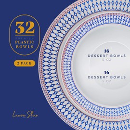 Laura Stein Designer Dinnerware Set | 64 Disposable Plastic Party Bowls | White Wedding Bowl with Blue Rim & Rose Gold Accents, Includes 32 x 12 oz Soup Bowls + 32 x 5 oz Dessert Bowls | Midnight Blue
