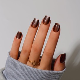 KQueenest Cat Eye Press On Nails Short Coffin, 30 Pcs Dark Brown Press On Nails Glitter, Sparkly Fake Nails With Glue, Glass Nails Press ons, Reusable Soft Gel Stick on Nail for Women Fall Winter