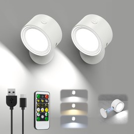 LED Wall Lights with Remote, 2 Pcs Rechargeable Wall Mounted Reading Sconces Lamp 3000mAh, 3 Colors & Dimmable Magnetic 360° Rotation Cordless Wall Lighting Spotlights for Bedroom Bedside Hallway