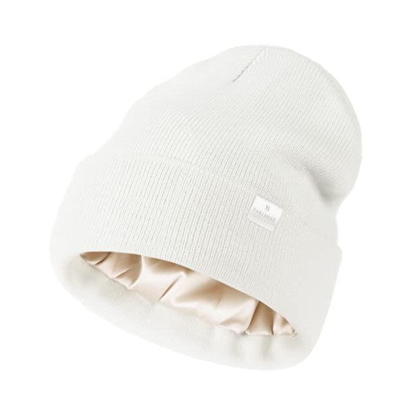 YANIBEST Womens Satin Lined Knit Beanie Hat Acrylic Winter Hats for Women Men Silk Lining Soft Slouchy Warm Cuffed Beanie Hat White