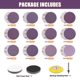 POLIWELL 148Pcs 3 Inch Sanding Discs Hook and Loop, Purple Alumina Abrasive Sandpaper (80-5000 Girt) with 1/4” Backing Pad and Soft Interface Pad for Wood, Metal, Drywall, Polishing, Grinding