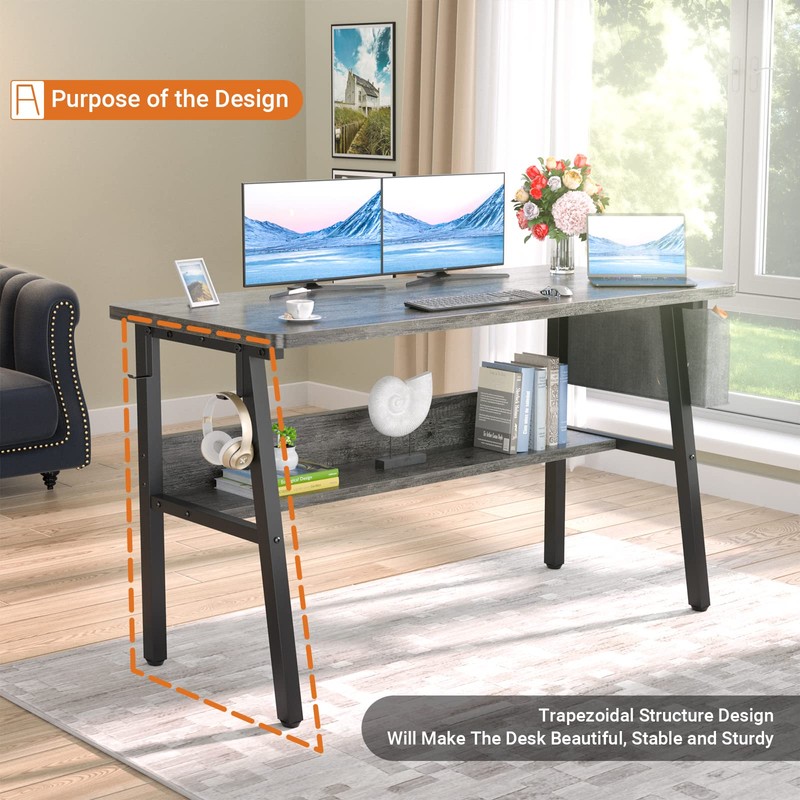 armocity Computer Desk, 55.2 Inch Modern Desk with Bookshelves, 55.2''