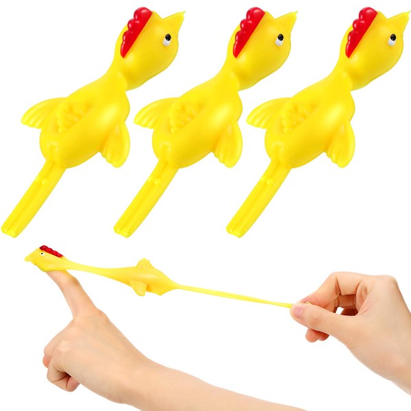Pack of 3 Slingshot Chicken Stretches Flying Chicken Snips Toy Rubber Chicken Toy Novelty Catapult Chicken Funny Finger Stretchy Chicken for Office Pranks Toy Party Yellow