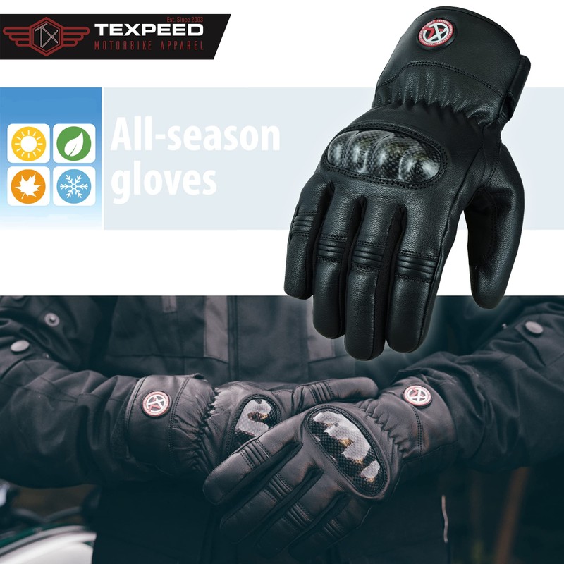 Texpeed Mens Winter Motorcycle Leather Gloves - Waterproof Motorbike Riding