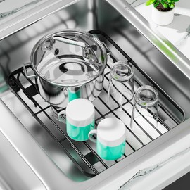 SanDream Over The Sink Dish Drying Rack, Compact Dish Drainer for Kitchen Counter with Adjustable Supporting Legs, Multifunctional in Sink Dish Drying Rack (Black)