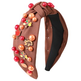 Gmmidea Diademas de Pavo de Acción de Gracias para Mujeres Adultas, Diadema Ancha con Nudo Superior, Accesorios para El Cabello, Diadema Anudada con Perlas Y Joyas, Divertidos Atuendos de Acción de Gr
