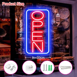 16.5" X 9" Led Neon Open Signs for Business Ultra Bright Plug In Electric Light Up Open Signs with ON/OFF Switch and 12V/2A AC Adapter for Storefront Window Bar Salon Coffee Stores (Vertical)