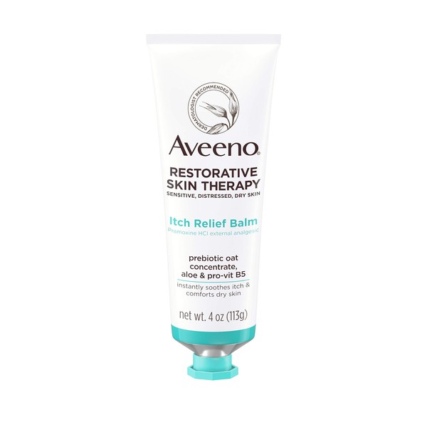 Aveeno Restorative Skin Therapy Itch Relief Body Balm for Sensitive, Distressed, Dry Skin, With Prebiotic Oat & Pramoxine Hcl, Formulated Without Parabens, Fragrance & Steroids, 4.0 Ounce