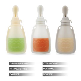 PandaEar 3 Pack Silicone Baby Food Pouches, Reusable Squeeze Pouches for Toddler Kids with 3 Silicone Puree Feeder Spoon, BPA-Free Silicone Refillable Baby Food Storage, 5.5 oz