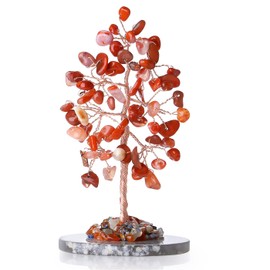 Carnelian Healing Crystal Tree of Life Natural Gemstone Agate Slice Base Copper Wire Wrapped Money Trees Feng Shui Spiritual Energy Decorations Home Office Room Desk Decor Gifts for Women Men