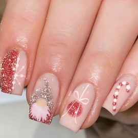 24 PCS Christmas Press on Nails Pink Short Square - ZWENJIE Winter Red Glitter Fake Nails Full Cover Artificial Acrylic False Nail Snowman Crutch Snowflake Snowball Designs Xmas Holiday Glue on Nails