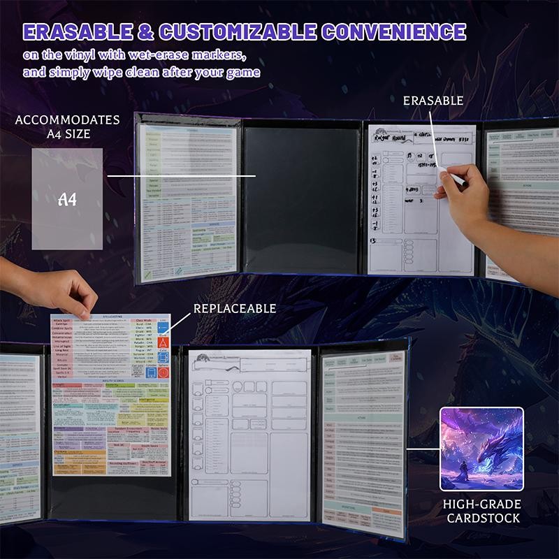 CZYY DM Screen 4-Panel Cardboard Game Master Screen with Erasable