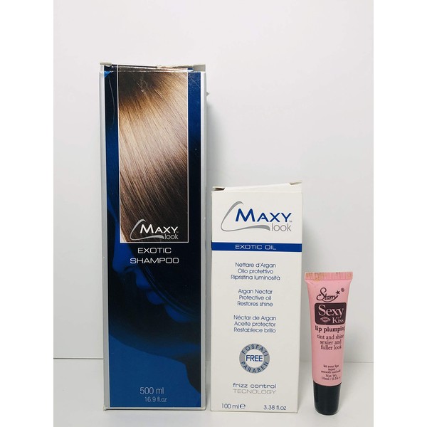 Maxi Look Exotic Reconstructive Shampoo 16.9 Oz & Exotic Protective Oil Restores Shine 3.38 Oz z (Free Starry Sexy Kiss Lip Plumping Gloss 10 Ml )