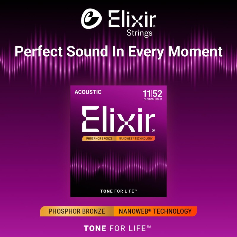 Elixir Strings, Acoustic Guitar Strings, Phosphor Bronze with NANOWEB Technology,