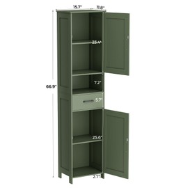 Homhedy 67" H Tall Bathroom Storage Cabinet with 2 Barn Doors and 1 Drawer, Narrow Storage Unit, Adjustable Shelves, Floor Cabinet for Bathroom, Living Room, Entryway, Kitchen, Green, (15.7" W)