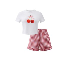 GORGLITTER Girl's 2 Piece Outfits Cherry Graphic Short Sleeve Tees and Plaid Shorts Sets Red and White 13Y