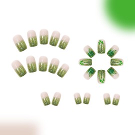 FDSQHSA 24 Pcs St. Patrick's Day Press on Nails Short Square Fake Nails with Shamrock Designs Gradient False Nails Full Cover Glue on Nails Saint Patrick's Day Acrylic Nails for Women Girls Nail Supplies
