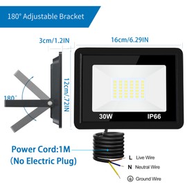 30W LED Flood Light Outdoor, 2700lm LED Work Light,Floodlight Fixture IP66 Waterproof, 6500K Daylight White Super Bright Security Light for Yard Garden Stadium Garage Playground