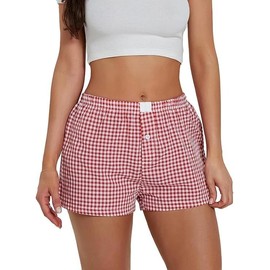 Women's Lounge Shorts Cute Soft Elastic Low Waist Plaid Print Button Front Pajama Bottoms Boxer Shorts Sleepwear Red
