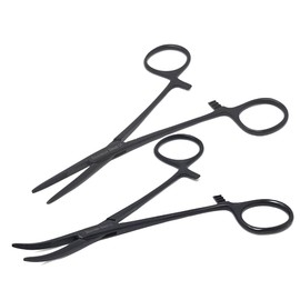 2 Pcs Kelly Hemostat Forceps Straight + Curved Surgical Clamps For Vet Tech Nurses, First Responders, Students, Dental Pliers Stainless Steel Multipurpose Tool Half Serrated Jaws 5.5" (Full Black)