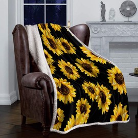 Sunflower Sherpa Fleece Blanket, Super Thick and Warm Cozy Luxury Blanket 60"x80", Vintage Floral Yellow Sunflower Black Background Bed Blanket, Fluffy Plush Microfiber Throw Blanket for Couch