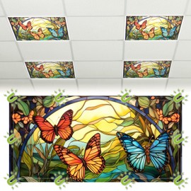 Glooglitter 4 Pcs Butterfly Fluorescent Light Covers 4 x 2 ft Stained Glass Magnetic Office Light Cover for Ceiling with 10 Magnets Filter Reduce Glare for Classroom School Home