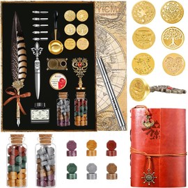 YICMY Feather Pen Pheasant Quill Pen and Ink Set,Caligraphy Kits for Beginners, Feather Pen and Ink Set With Leather Journal Notebook,Wax Seal Kit,7 Wax Seal Stamp Heads,Calligraphy Pens for Gift