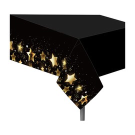 Dusenly New Year Tablecloth Plastic Disposable Black Gold Star Bithday Party Table Covers for New Years Eve Party Birthday Decorations 130 * 220cm