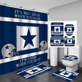 Namdeva 4PCS/Set Inspirational Quotes Shower Curtain, White Navy Blue Striped Texas Star Grey Helmet American Football Player Athlete Modern Cool Sports Bathroom Decor, Non-Slip Bath Rugs, Never Quit