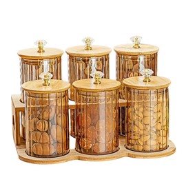 Airtight Glass Food Storage Containers with Wooden Lids -Piece Set with Bamboo Countertop Shelf - Sealed Kitchen Canisters for Coffee, Tea, Sugar, Flour, Spices, and PantryOrganization (6, Straight)