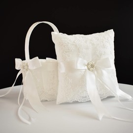 ATAILOVE Ivory Wedding Flower Girl Basket and Ring Bearer Pillow Set, Satin Fairy Lace Flower Baskets for Flower Girl
